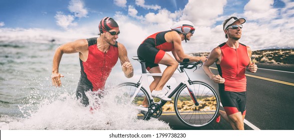 Triathlon Swim Bike Run Triathlete Man Running Biking Swimming In Ocean ,banner Panorama. Three Pictures Composite Of Professional Fitness Athlete.