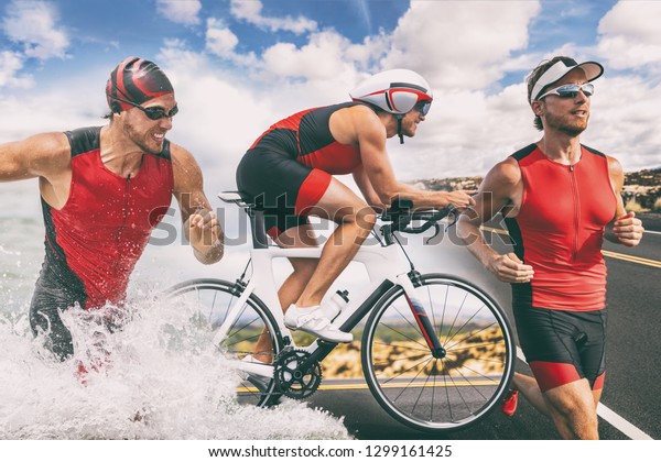 Triathlon swim bike run triathlete man training\
for ironman race concept. Three pictures composite of fitness\
athlete running, biking, and swimming in ocean. Professional\
cyclist, runner,\
swimmer.