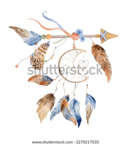 Tribal boho dreamcatcher watercolor ornament with aztec feathers and arrow. Traditional dream catcher ethnic wing painting
