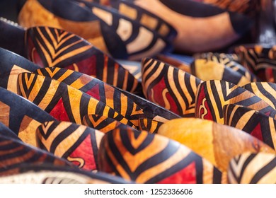 Tribal Colored Bowls In Street Market Souvenir Store In South Africa