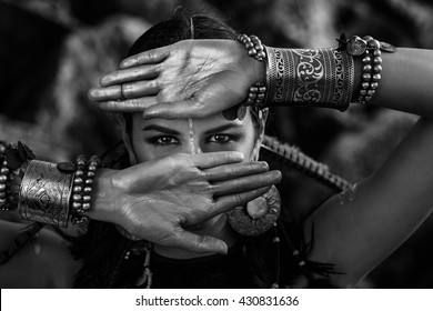 tribal woman close up black and white portrait