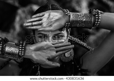 tribal woman close up black and white portrait
