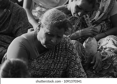 TRICHY, INDIA - JULY 15TH, 2017: Closeup Shot On Village Farmer Women Workers Strike In Farmland