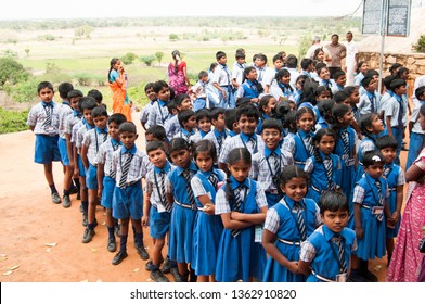 TRICHY, TAMIL NADU, INDIA 18 FEBRUARY 2018 : Unidentified School Children In Front Of Their School At Village Of Tamil Nadu.