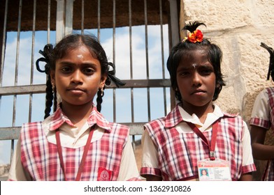 TRICHY, TAMIL NADU, INDIA 18 FEBRUARY 2018 : Unidentified School Children In Front Of Their School At Village Of Tamil Nadu.