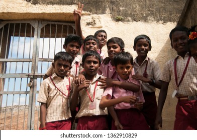 TRICHY, TAMIL NADU, INDIA 18 FEBRUARY 2018 : Unidentified School Children In Front Of Their School At Village Of Tamil Nadu.