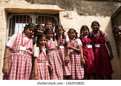 TRICHY, TAMIL NADU, INDIA 18 FEBRUARY 2018 : Unidentified School Children In Front Of Their School At Village Of Tamil Nadu.