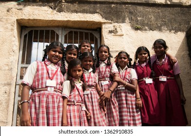 TRICHY, TAMIL NADU, INDIA 18 FEBRUARY 2018 : Unidentified School Children In Front Of Their School At Village Of Tamil Nadu.