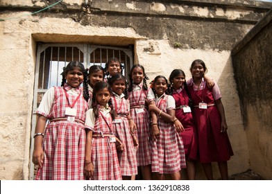 TRICHY, TAMIL NADU, INDIA 18 FEBRUARY 2018 : Unidentified School Children In Front Of Their School At Village Of Tamil Nadu.