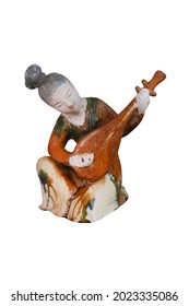 Tri-color figurine, musician isolated on white background with clipping path. Ancient chinese statuette, Tang Dynasty. - Shutterstock ID 2023335086