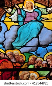 Triel sur Seine, France - April 3 2016 : historical stained glass window in Saint Martin church