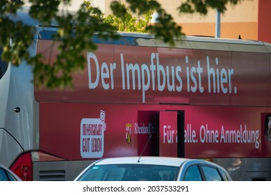 TRIER, GERMANY - Aug 24, 2021: Vaccination Bus In Trier, Free Covid 19 Vaccination In Front Of A Super Market, Germany, Healthcare Programm