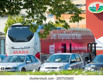 TRIER, GERMANY - Aug 24, 2021: Vaccination Bus In Trier, Free Covid 19 Vaccination In Front Of A Super Market, Germany, Healthcare Programm