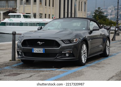 Trieste, Italy — March 29, 2016: Ford Mustang GT American Made In USA Sports Car On The Old Italian Seaport Town Street