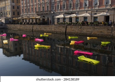 TRIESTE ITALY - MAY 18, 2015: an artistic set-up entitled Mare Nostrum in memory of all the dead and missing migrants in the mediterranean sea during the human trafficking operations, on MAY 18, 2015