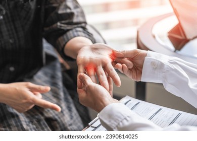 Trigger finger, locking finger or stenosing tenosynovitis disorder with painful joint thumb area, palm and wrist pain, stuck problem on bent position on patient hand and finger