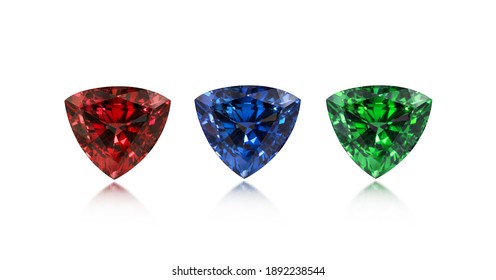 Trillion Blue Sapphire ,green emerald,red ruby  on white background isolate