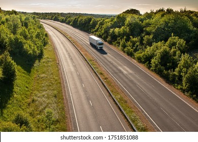 TRING, UK - MAY 31. 2020: Single Lorry In Motion On Empty Road A41 Near English Town Tring.