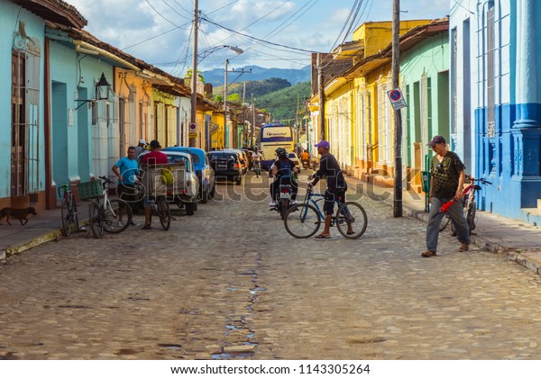Trinidad, Cuba. 1st December 2017: Streets of\
small town in Cuba. Famous tourist destination, well known for\
salsa music.