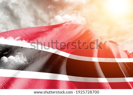 Trinidad and Tobago national flag cloth fabric waving on beautiful grey sky.