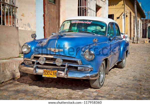 TRINIDAD-JAN 12:Classic Chevrolet on January 12,2010\
in Trinidad, Cuba.Before a new law issued on October 2011,cubans\
could only trade old cars that were on the road before the\
revolution of 1959