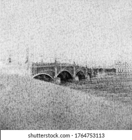 Trinity Bridge Over The Neva River In St. Petersburg, Russia. Black And White Expired Film, Intentional Texture. Multiexposure Reception Is Also Specially Applied.