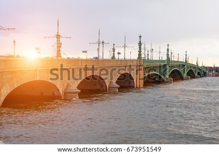 Trinity bridge sunset river neva St. Petersburg.