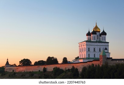 Trinity Cathedral Of The Pskov Kremlin At Sunset.