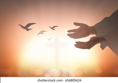 Trinity Sunday concept: Silhouette human open two empty hands with palm up and birds flying over blurred cross in church background