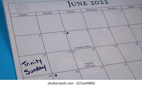 Trinity Sunday marked on a calendar on 12 June 2022.                             