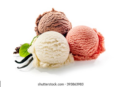 Trio of colorful frozen dessert on a white background decorated with two vanilla pods chocolate shavings and mint - Shutterstock ID 393863983