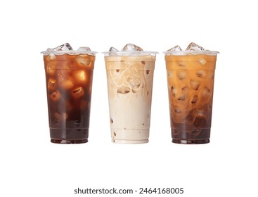 Trio of iced coffee beverages in clear cups with straws, featuring varying levels of milk and cream