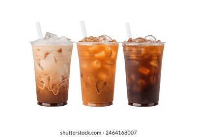 Trio of iced coffee beverages in clear cups with straws, featuring varying levels of milk and cream - Powered by Shutterstock