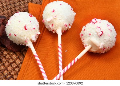 Trio Of Peppermint Cake Pops On Napkin