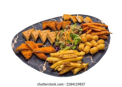 Trio potato fries Cutlet king Platter and served in dish isolated on plain white background side view