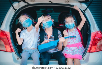 Trip Coronavirus Protect And Social Distancing Concept, Kids Playing And Singing Song On Car At Home, Funny On Outdoor Stay At Home And Wearing Mask And Face Shield For Protect Coronavirus, Child Thai