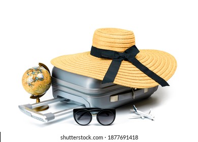 Trip Isolated. Womens Accessories Traveler: Suitcase, Straw Hat, Sunglasses, Toy Plane And Globe Isolated On White Background With Empty Space For Text. Design Of Summer Vacation Holiday Concept.