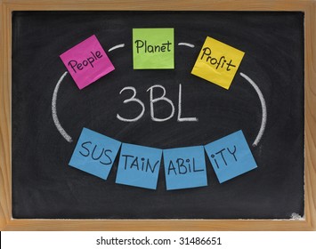  the triple bottom line (3BL or TBL) concept - people, planet, profit (social, ecological, economic) taken into account for sustainable development, presented on blackboard with colorful sticky notes