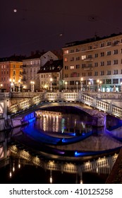 Triple Bridge In Ljubljana At Night