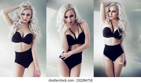 Triple Image Of The Same Fashion Model In Different Poses 