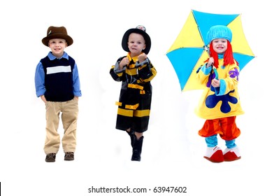 Triple Image Of Same Little Boy Shows Two Possible Choices For His Future Occupation.  A Firefighter Or Even A Clown In The Entertainment Industry.