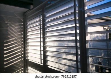 Triple Outdoor White Windows Aluminium Louver Shutter At The House Back Yard Sun Room 