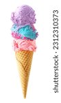Triple scoop ice cream cone isolated on a white background. Pastel purple, blue and pink in a waffle cone.
