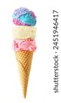 Triple scoop ice cream cone isolated on a white background. Cotton candy, vanilla, and strawberry flavors in a waffle cone. Colorful pastels.