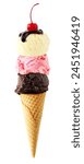 Triple scoop ice cream cone with cherry on top isolated on a white background. Vanilla, strawberry and dark chocolate flavors in a waffle cone.