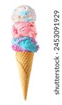 Triple scoop ice cream cone isolated on a white background. Birthday cake, strawberry and cotton candy flavors in a waffle cone. Colorful pastels.