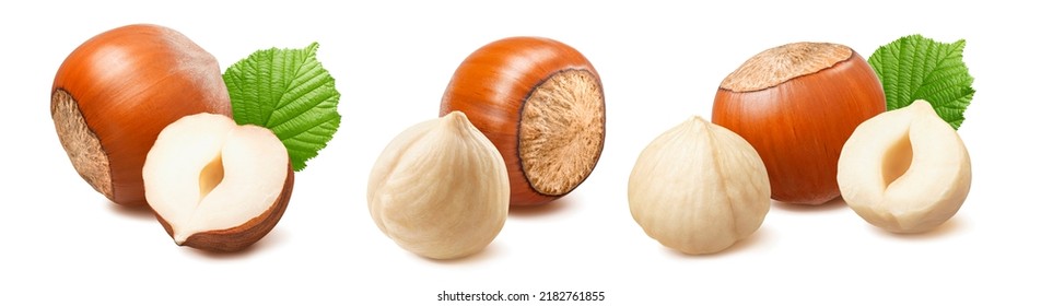 Triple set of whole, broken and peeled hazelnuts isolated on white background. Package design element with clipping path - Shutterstock ID 2182761855