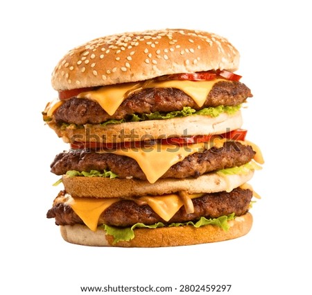 Triple Stack Cheeseburger with Sesame Seed Bun Isolated on White Background Ultra Realistic Fast Food Photography