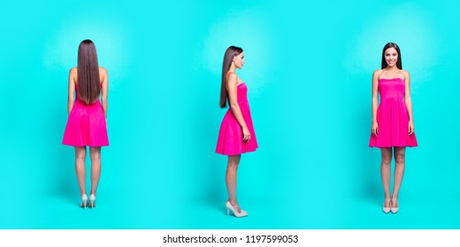 Triple Vertical Full Body Images Of The Same Smiling Girl, Lady In Mini Pink Dress, Standing Straight, Profile Side And Rear Back Views. Isolated Over Bright Vivid Turquoise Background