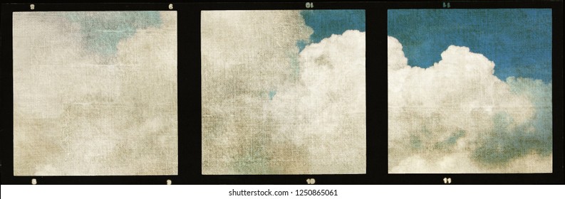 Triple Vintage Film Strip Frame With Blue Sky And Clouds.